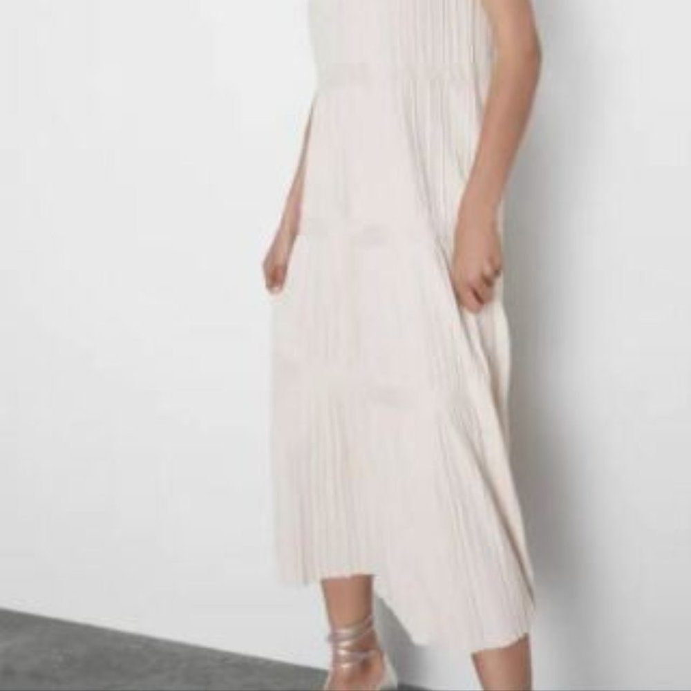 ZARA BANDAGE Knit Pleated Midi Dress Ivory Stretch Sleeveless V Neck Viscose L - Picture 9 of 16